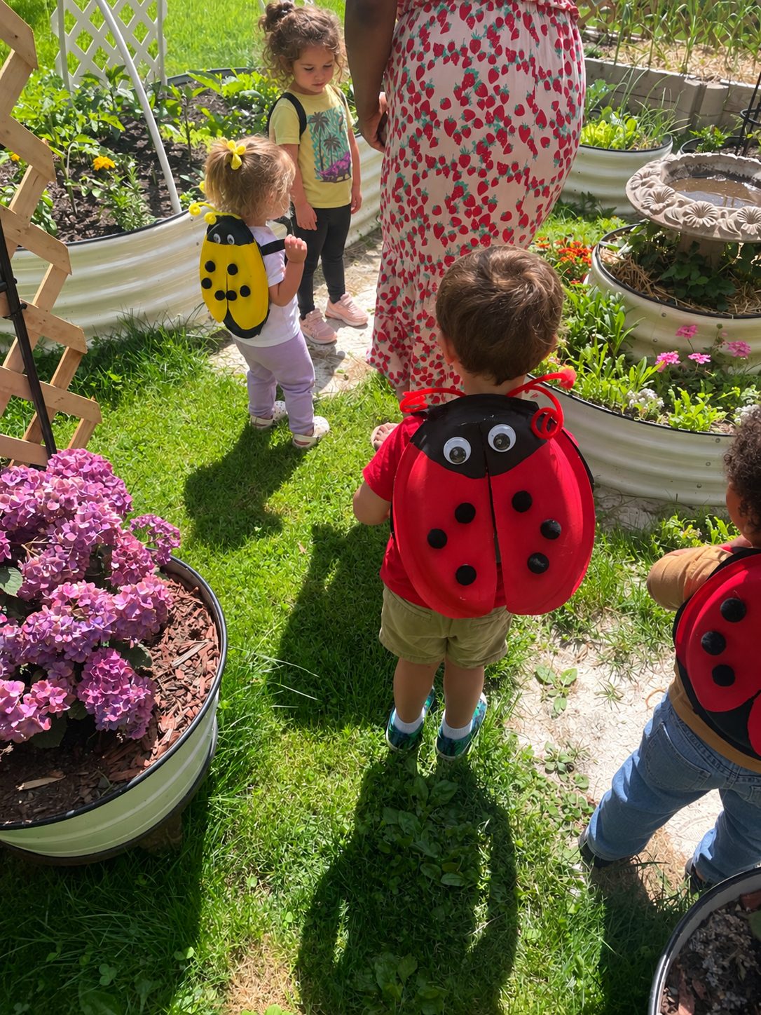 Children exploring the garden in ladybug wings