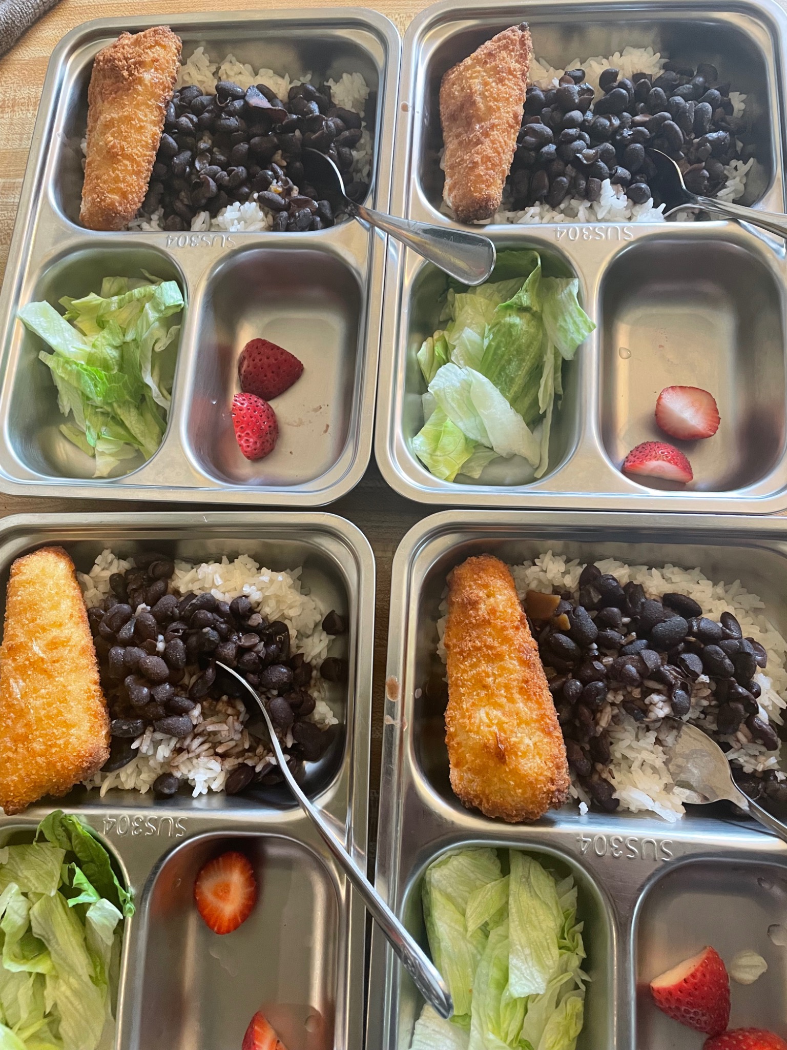 Black beans & rice with fish served in daycare meal trays