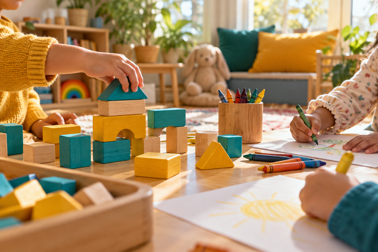 Children making art and playing with blocks at a table