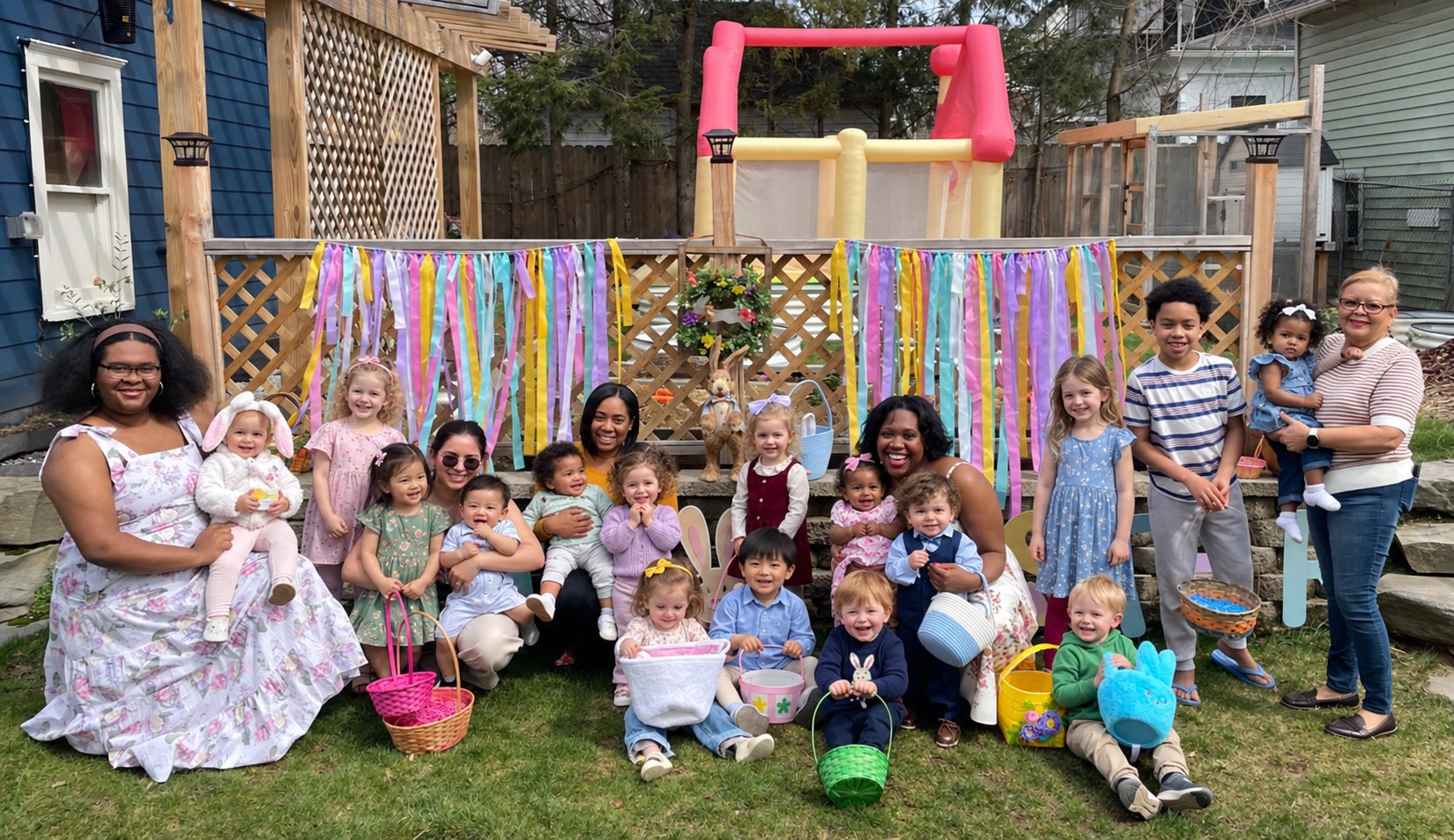 Group gathered outdoors for an Easter party with baskets and colorful decorations; children’s faces have been edited