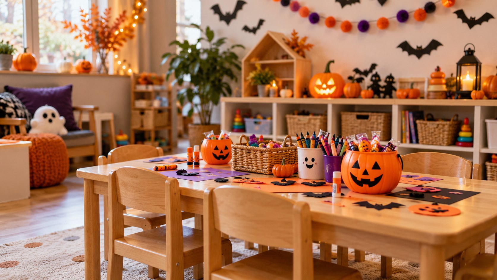 Illustrative Halloween party setup with pumpkins, decorations, and a craft table